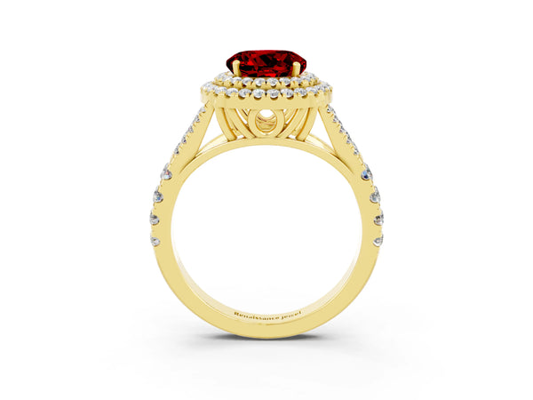 Yellow gold Round Cut Ruby Pavé Split Shank Double Halo Engagement Ring
