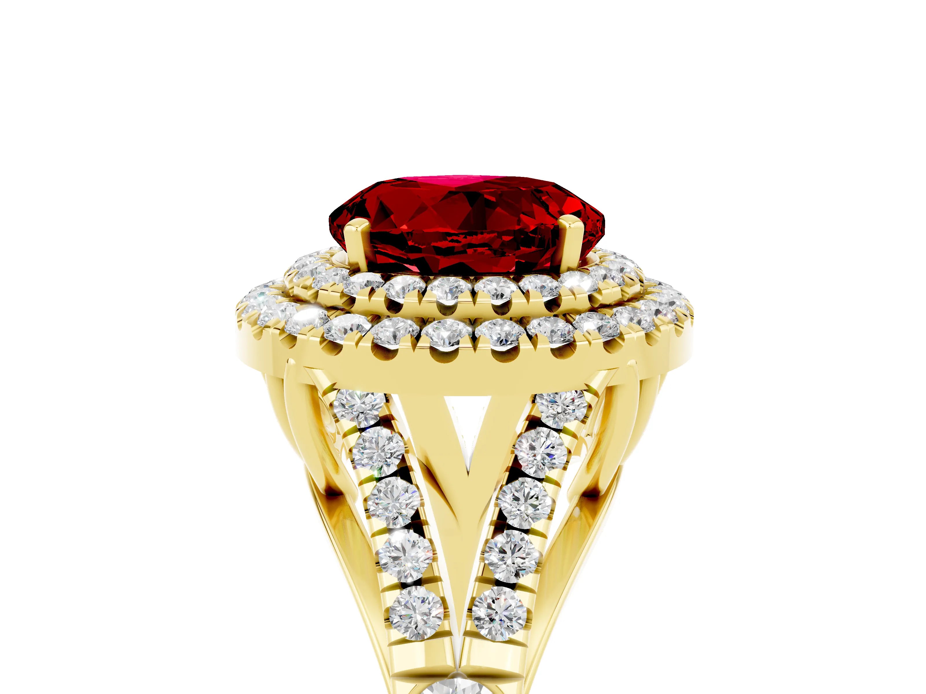 Yellow gold Round Cut Ruby Pavé Split Shank Double Halo Engagement Ring_5