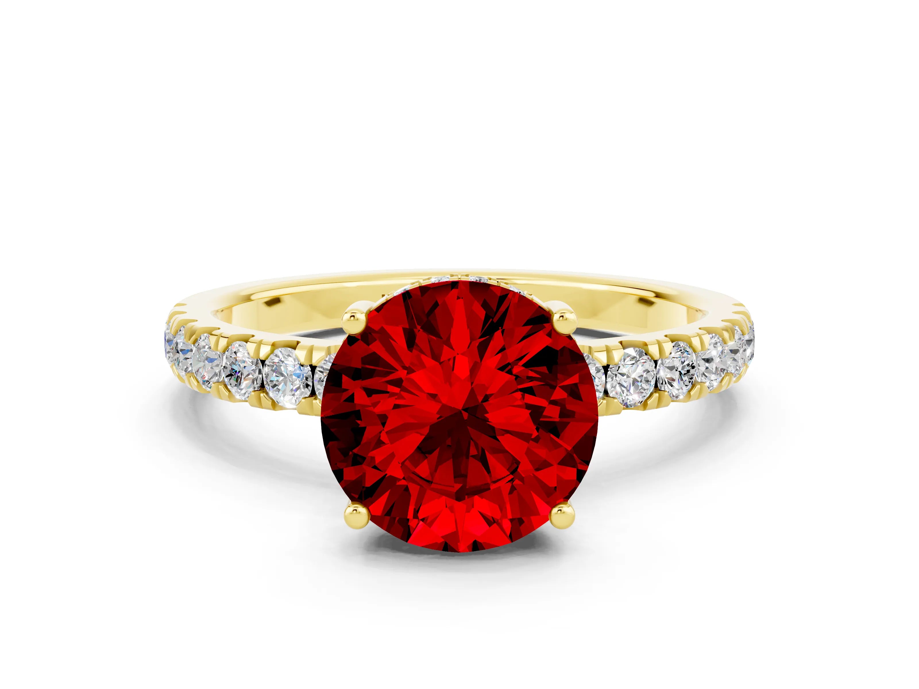Yellow gold Round Cut Ruby Pave Band Solitaire Ring with Four-Prong Setting_24