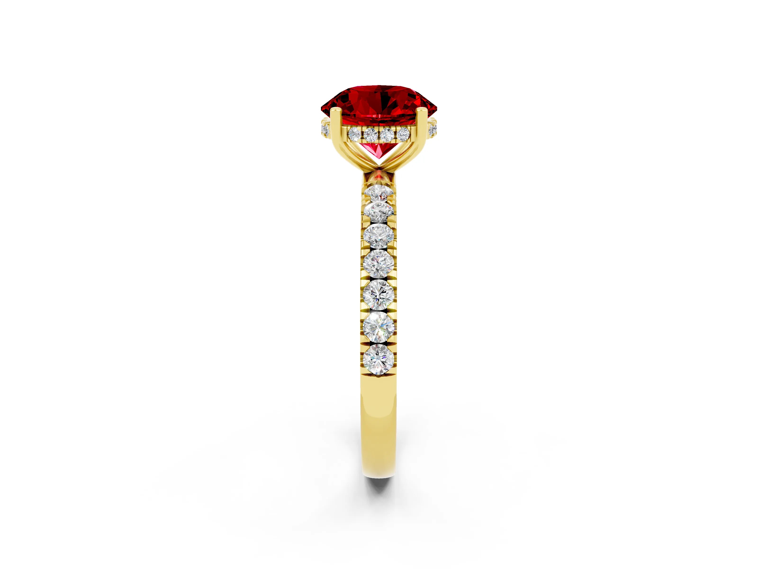 Yellow gold Round Cut Ruby Pave Band Solitaire Ring with Four-Prong Setting_26