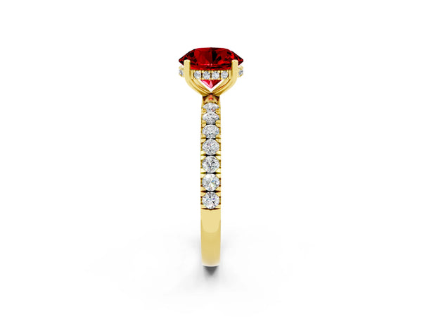 Yellow gold Round Cut Ruby Pave Band Solitaire Ring with Round  and Prong Setting
