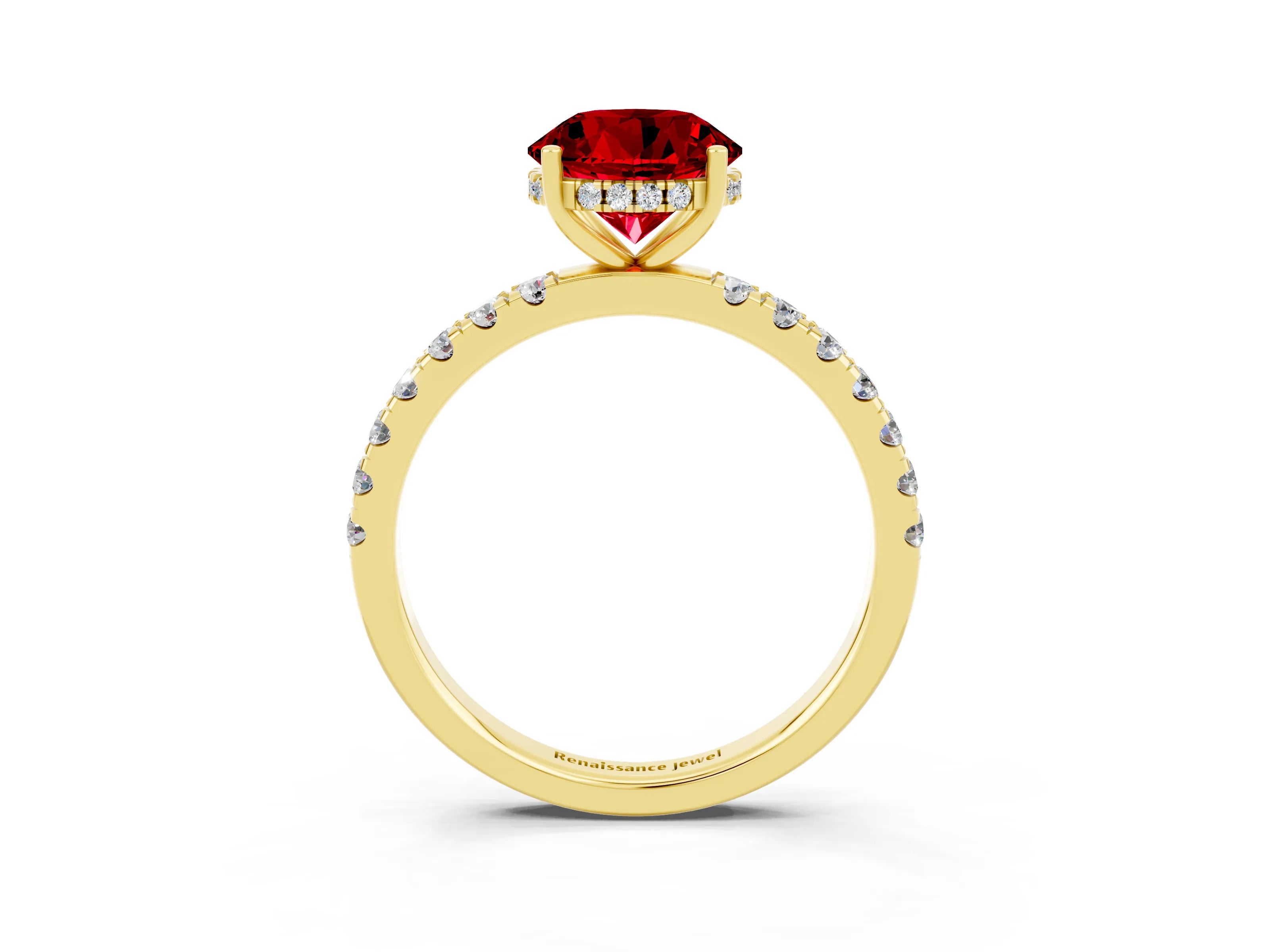 Yellow gold Round Cut Ruby Pave Band Solitaire Ring with Four-Prong Setting_27