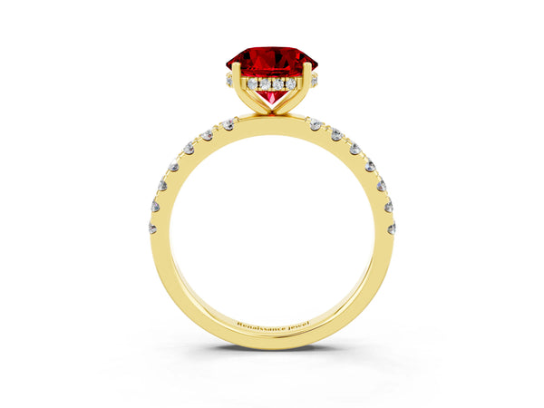 Yellow gold Round Cut Ruby Pave Band Solitaire Ring with Round  and Prong Setting