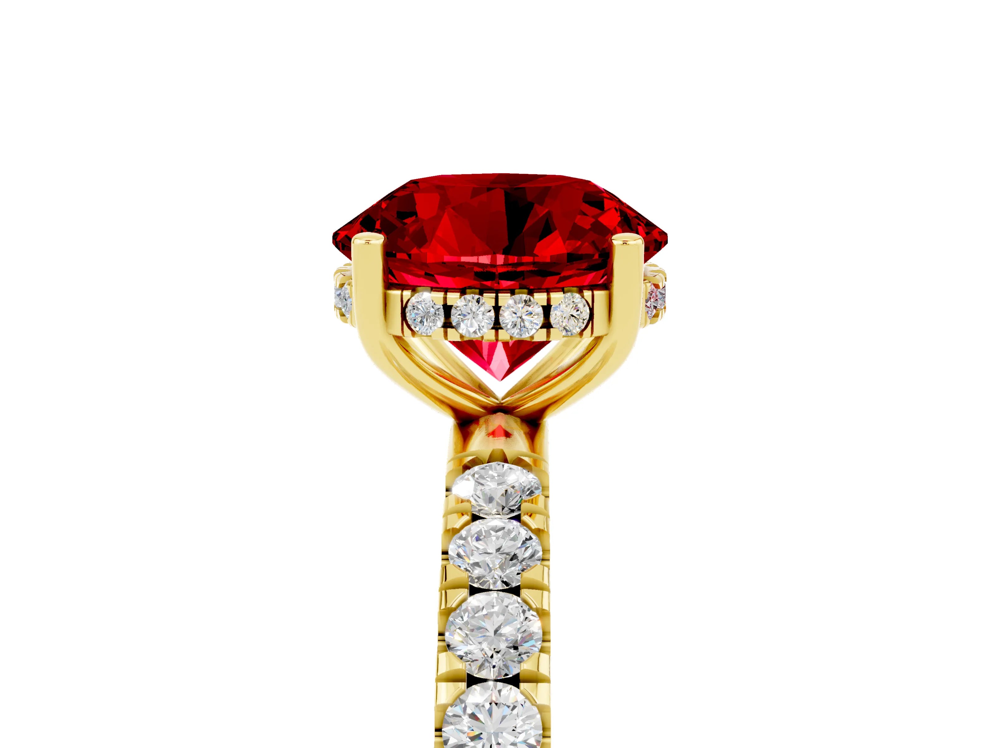 Yellow gold Round Cut Ruby Pave Band Solitaire Ring with Four-Prong Setting_29