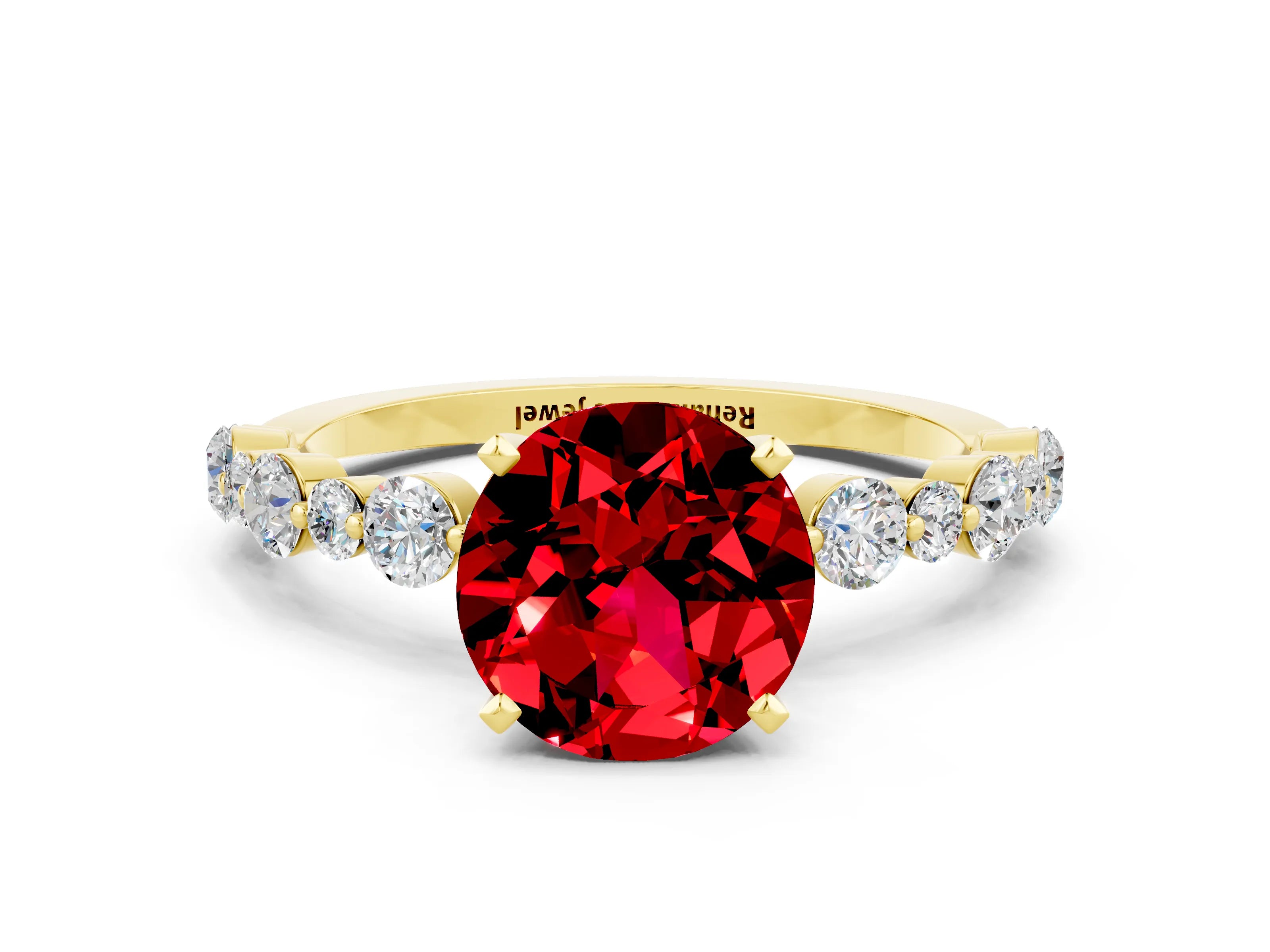 Yellow gold Round Cut Ruby Prong Set Engagement Ring with Pavé Band