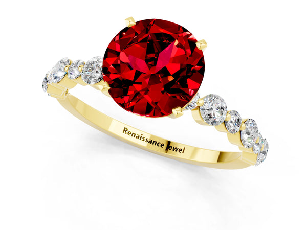 Yellow gold Round Cut Ruby Prong Set Engagement Ring with Pavé Band