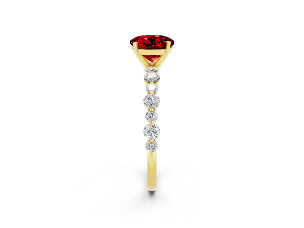 Yellow gold Round Cut Ruby Prong Set Engagement Ring with Pavé Band