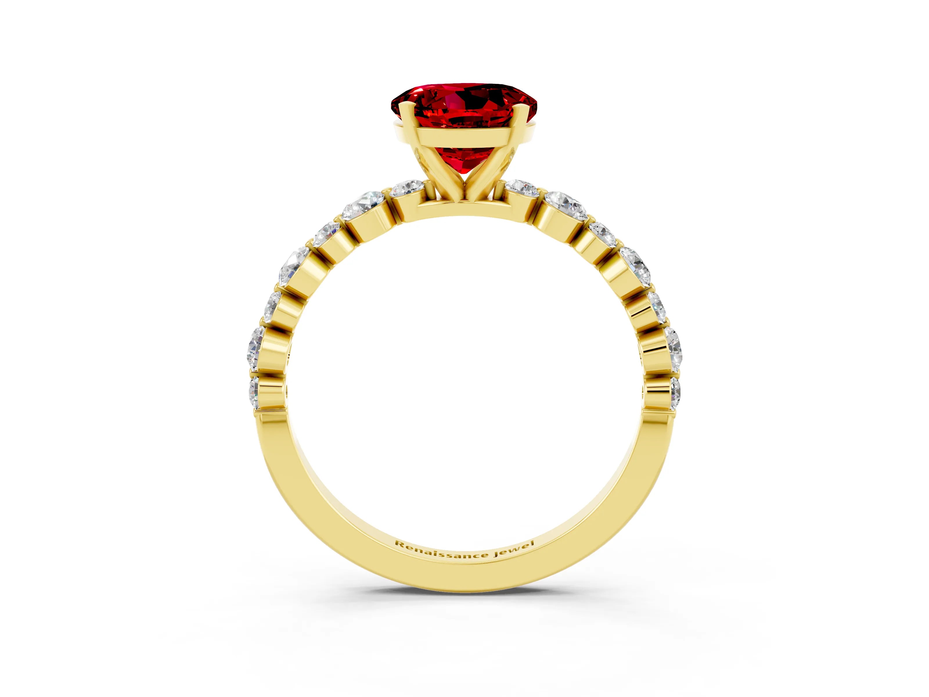 Yellow gold Round Cut Ruby Prong Set Engagement Ring with Pavé Band_3