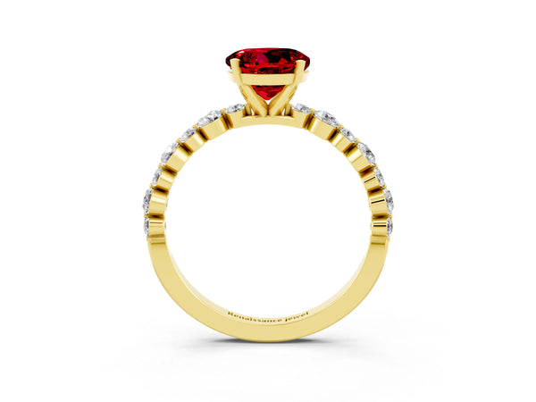 Yellow gold Round Cut Ruby Prong Set Engagement Ring with Pavé Band