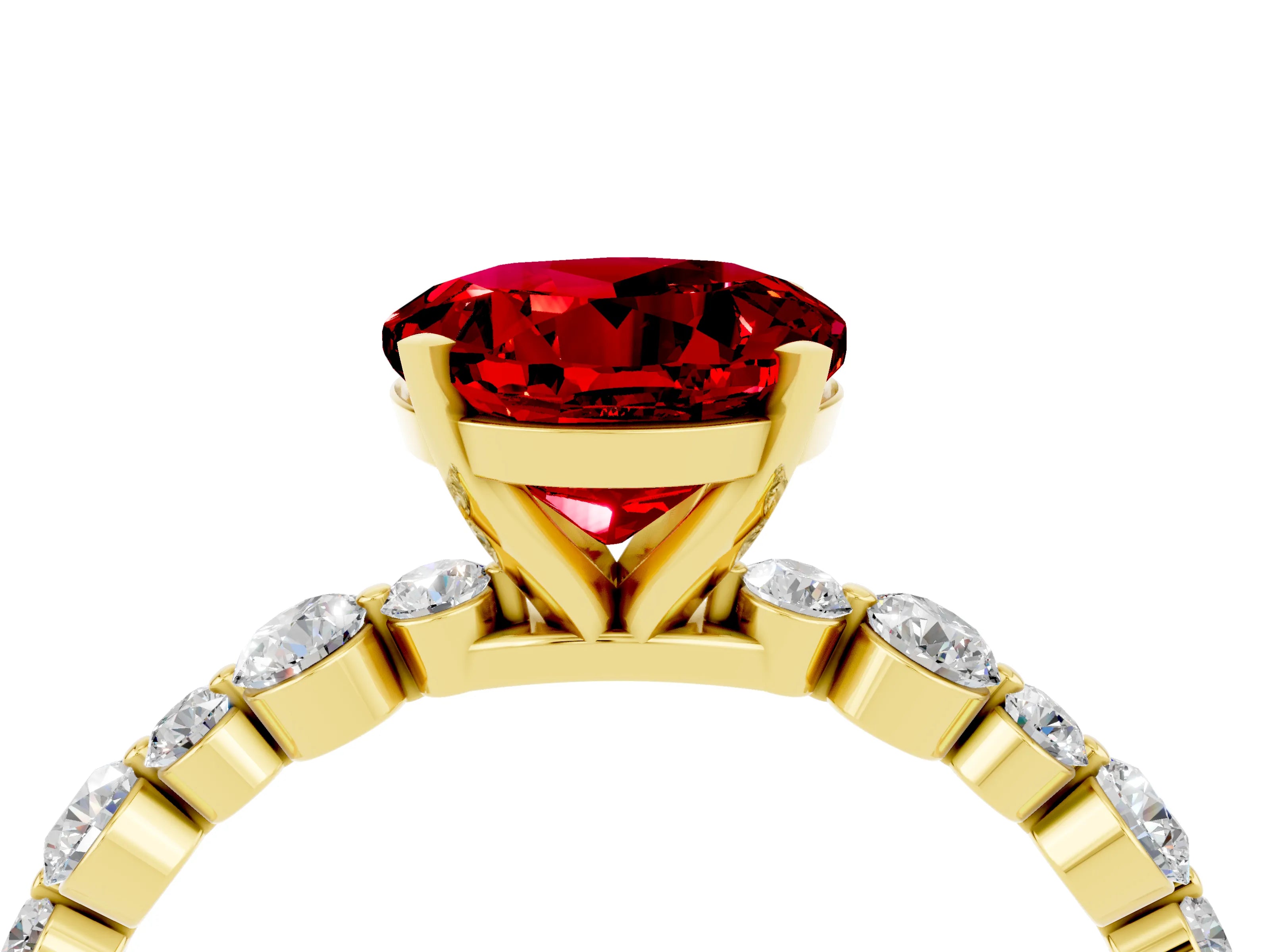 Yellow gold Round Cut Ruby Prong Set Engagement Ring with Pavé Band_4