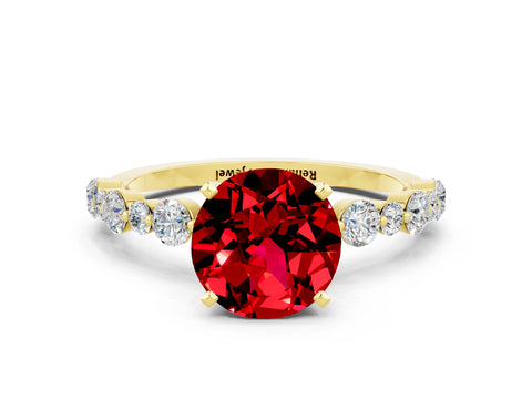 Yellow gold Round Cut Ruby Prong Set Engagement Ring with Pavé Band