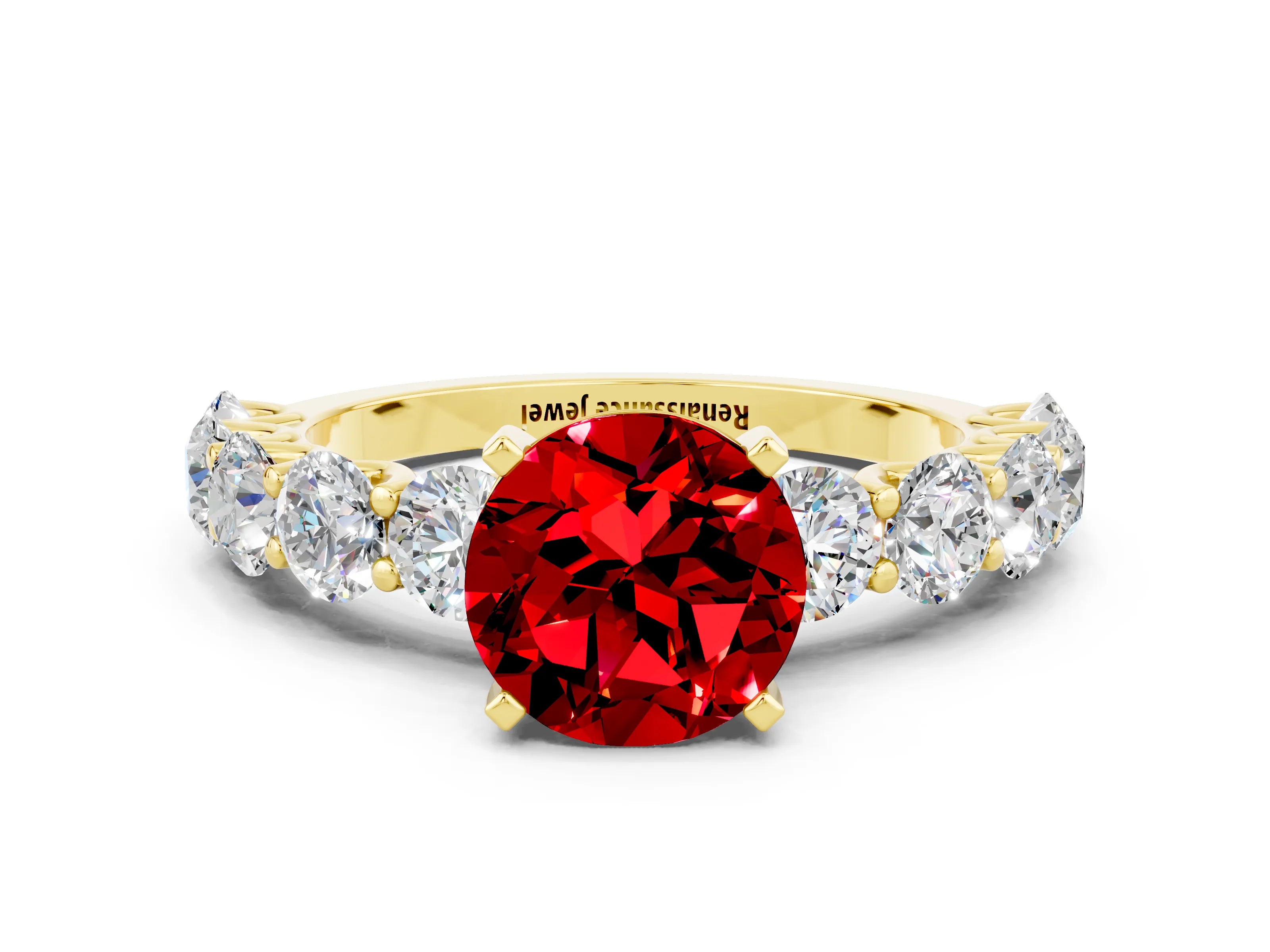 Yellow gold Round Cut Ruby Prong Setting with Side Stones on a Pave Band