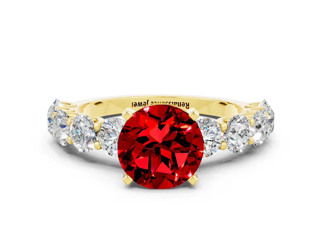 Yellow gold Round Cut Ruby Prong Setting with Side Stones on a Pave Band
