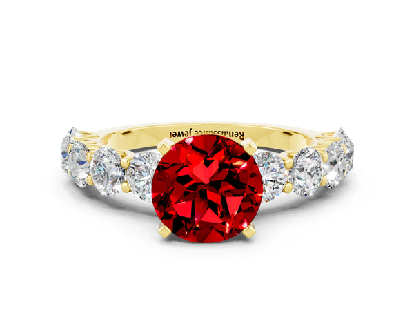 Yellow gold Round Cut Ruby Prong Setting with Side Stones on a Pave Band