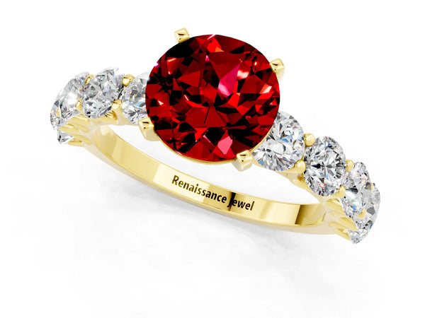 Yellow gold Round Cut Ruby Prong Setting with Side Stones on a Pave Band