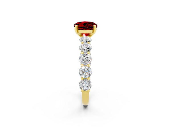 Yellow gold Round Cut Ruby Prong Setting with Side Stones on a Pave Band