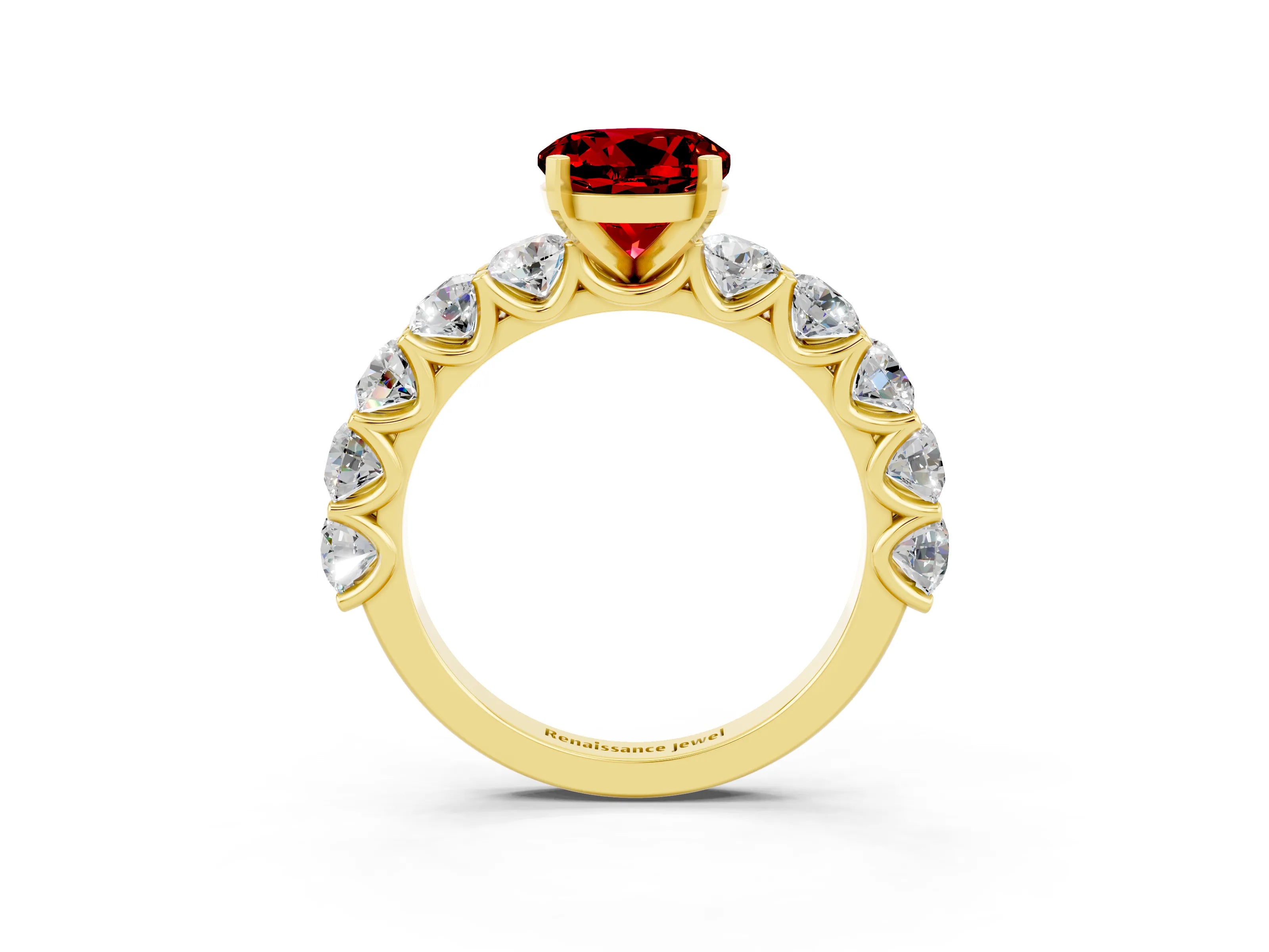 Yellow gold Round Cut Ruby Prong Setting with Side Stones on a Pave Band_3