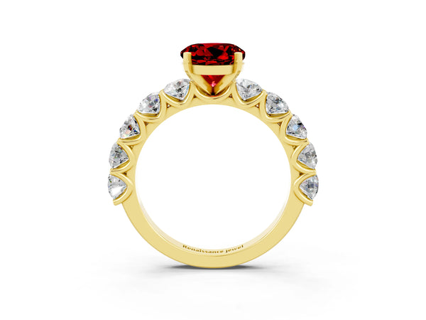 Yellow gold Round Cut Ruby Prong Setting with Side Stones on a Pave Band