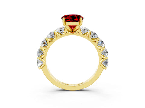 Yellow gold Round Cut Ruby Prong Setting with Side Stones on a Pave Band_3