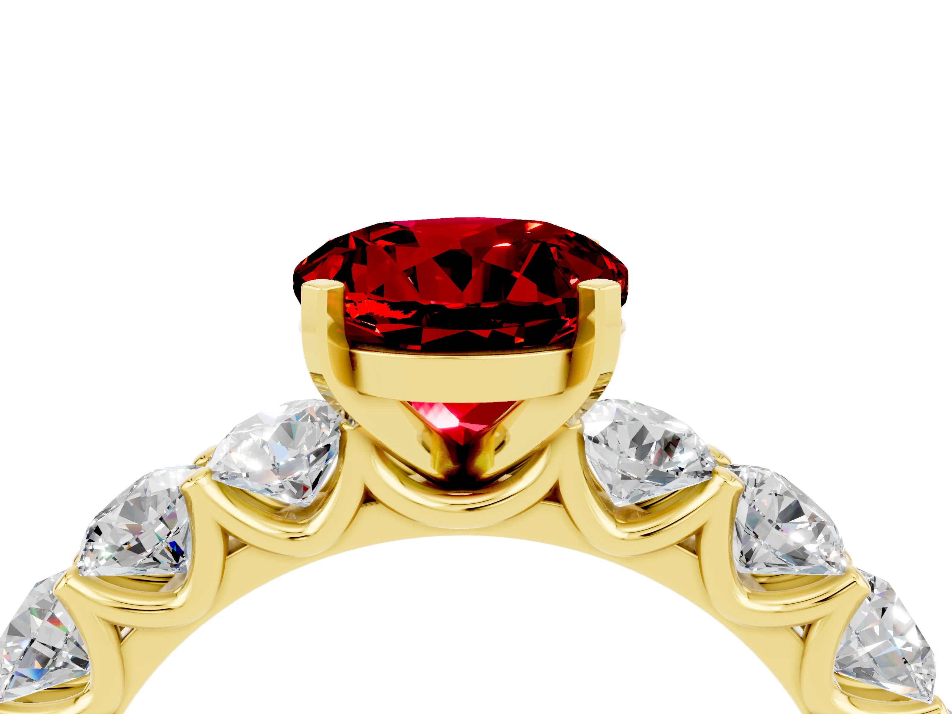 Yellow gold Round Cut Ruby Prong Setting with Side Stones on a Pave Band_4