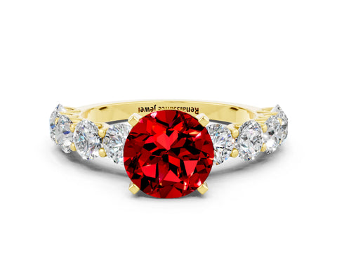 Yellow gold Round Cut Ruby Prong Setting with Side Stones on a Pave Band