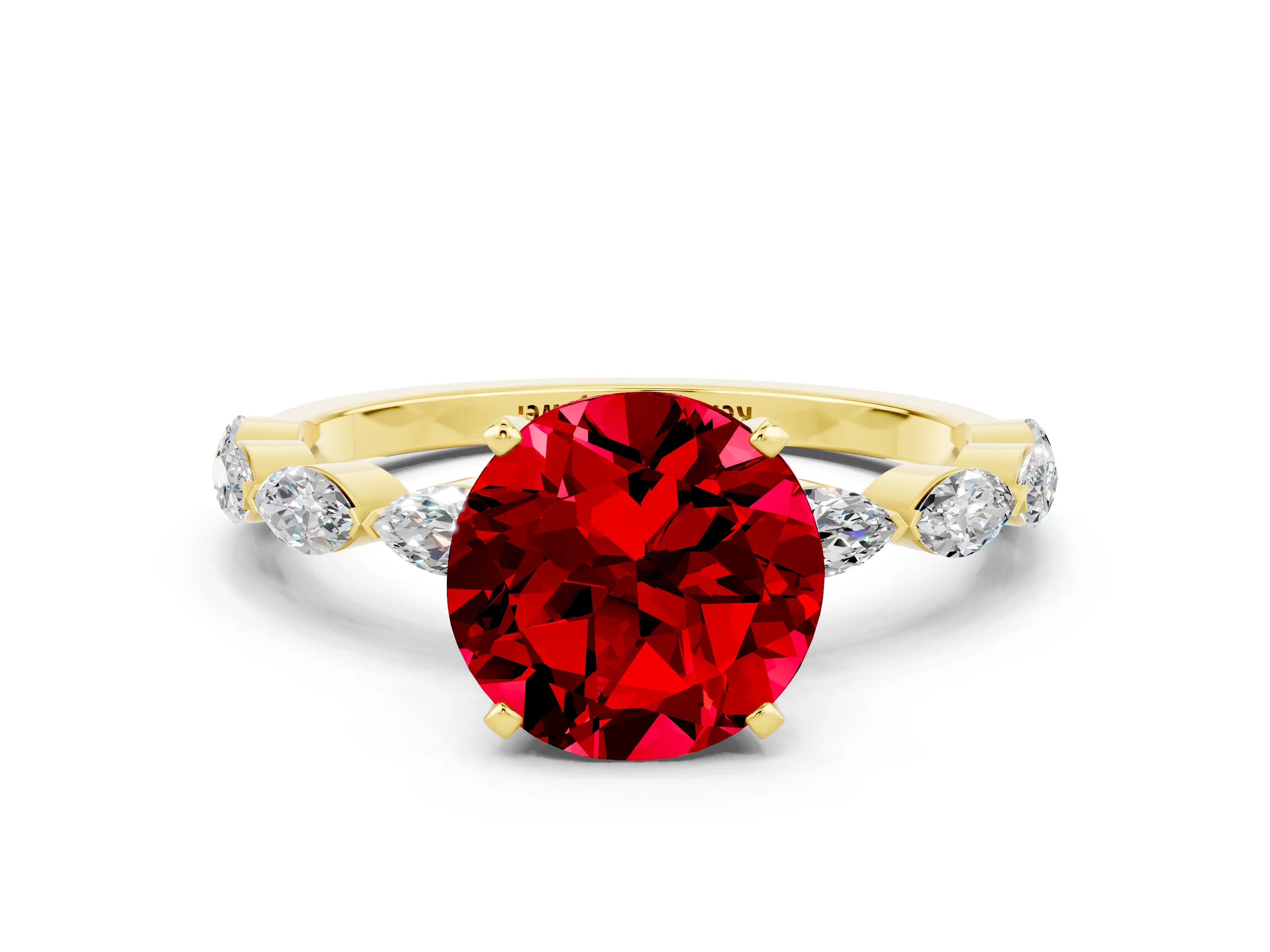 Yellow gold Round Cut Ruby Ring with Marquise Side Stones and Prong Setting