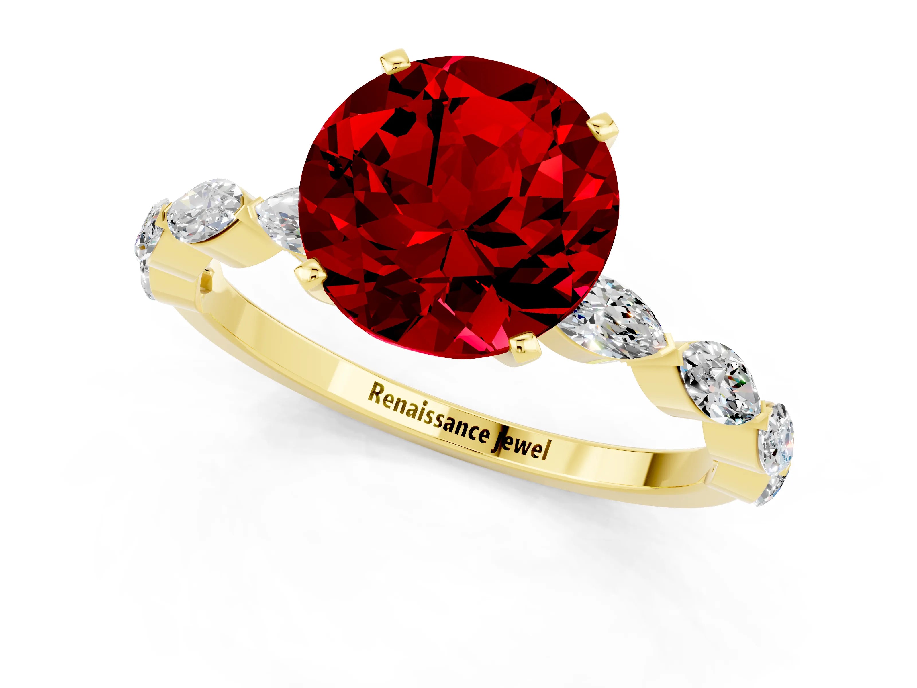 Yellow gold Round Cut Ruby Ring with Marquise Side Stones and Prong Setting_1