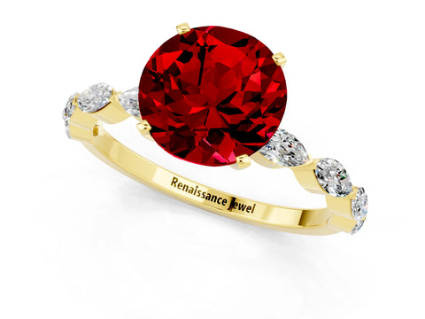 Yellow gold Round Cut Ruby Ring with Marquise Side Stones and Prong Setting_1