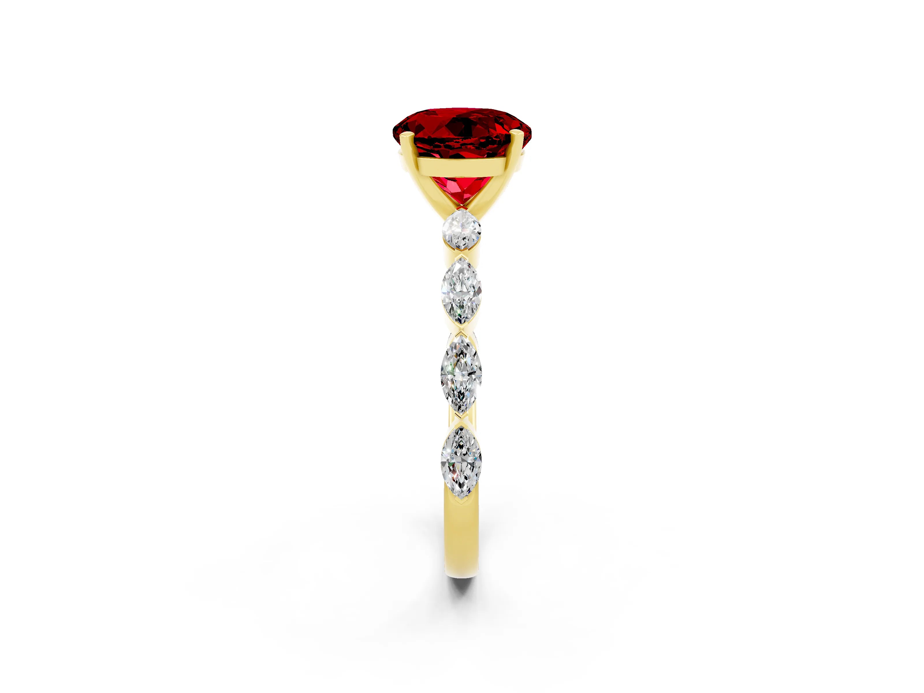 Yellow gold Round Cut Ruby Ring with Marquise Side Stones and Prong Setting_2