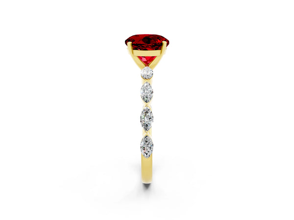 Yellow gold Round Cut Ruby Ring with Marquise Side Stones and Prong Setting