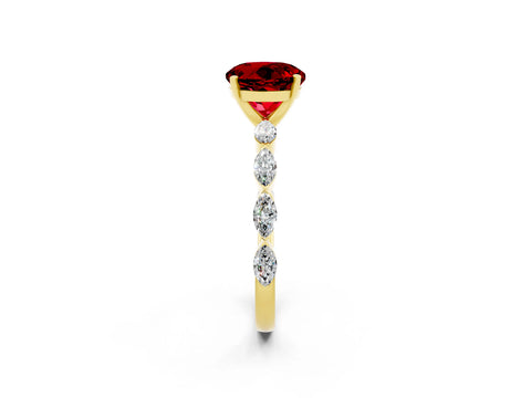 Yellow gold Round Cut Ruby Ring with Marquise Side Stones and Prong Setting_2