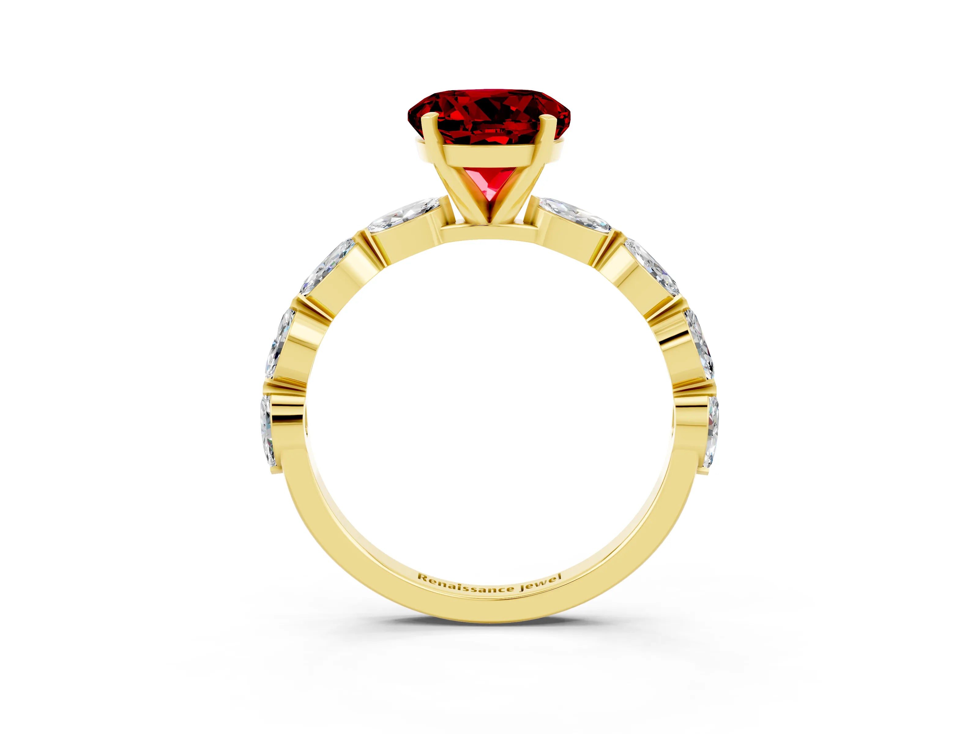 Yellow gold Round Cut Ruby Ring with Marquise Side Stones and Prong Setting_3