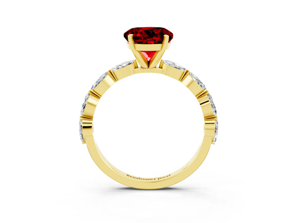 Yellow gold Round Cut Ruby Ring with Marquise Side Stones and Prong Setting