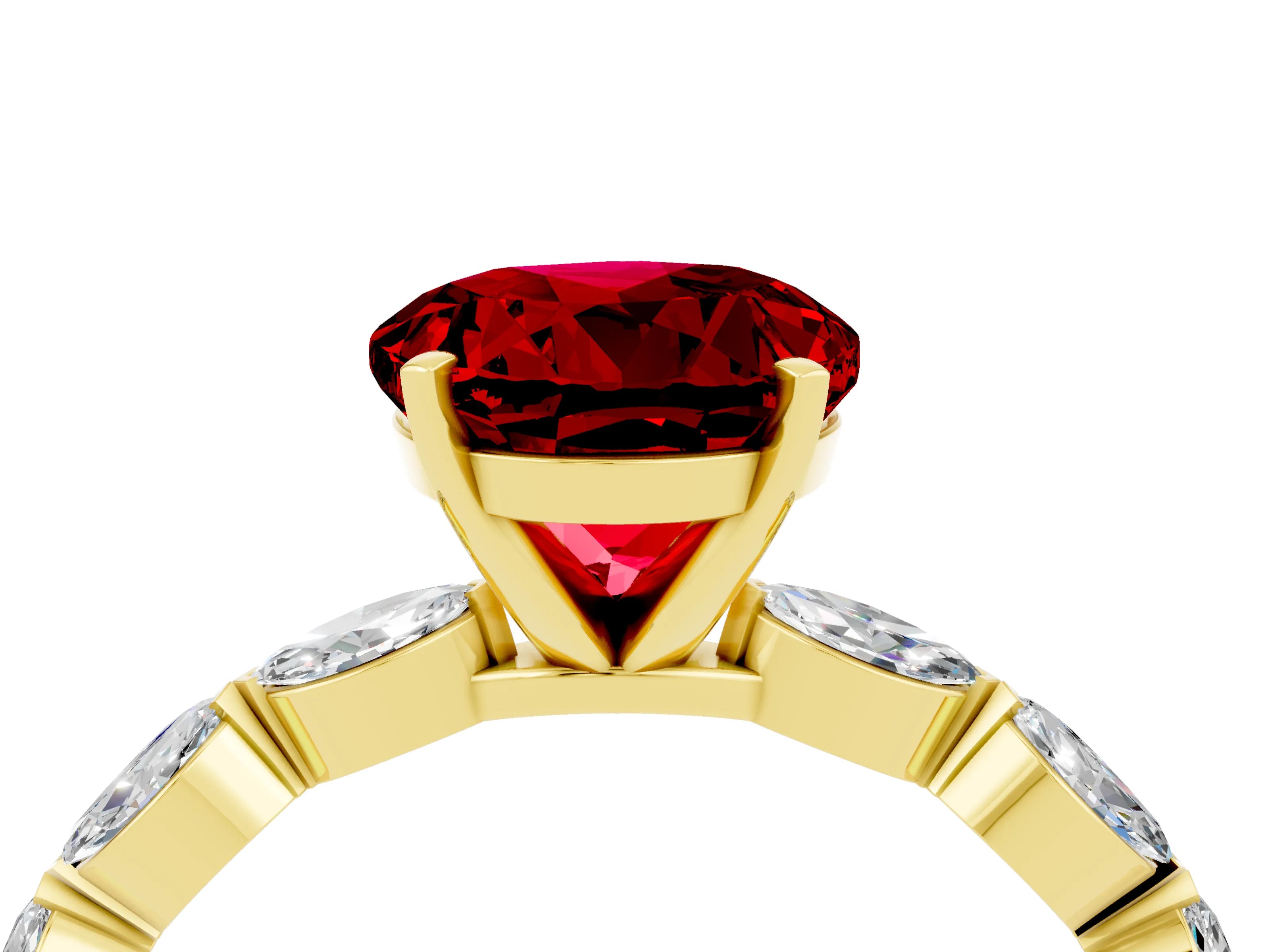 Yellow gold Round Cut Ruby Ring with Marquise Side Stones and Prong Setting_4