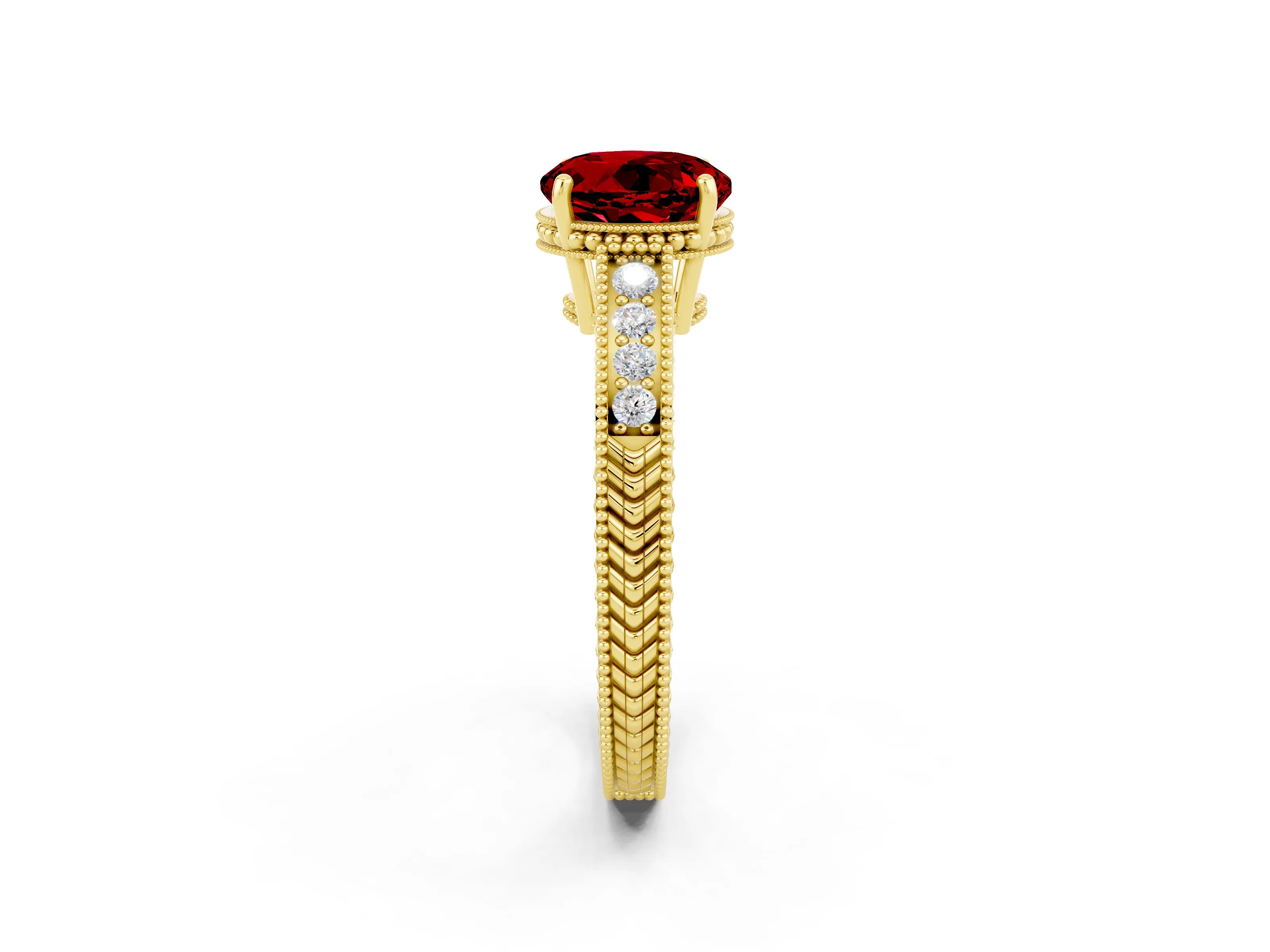 Yellow gold Round Cut Ruby Ring with Milgrain Pavé Band and Four-Prong Setting_14
