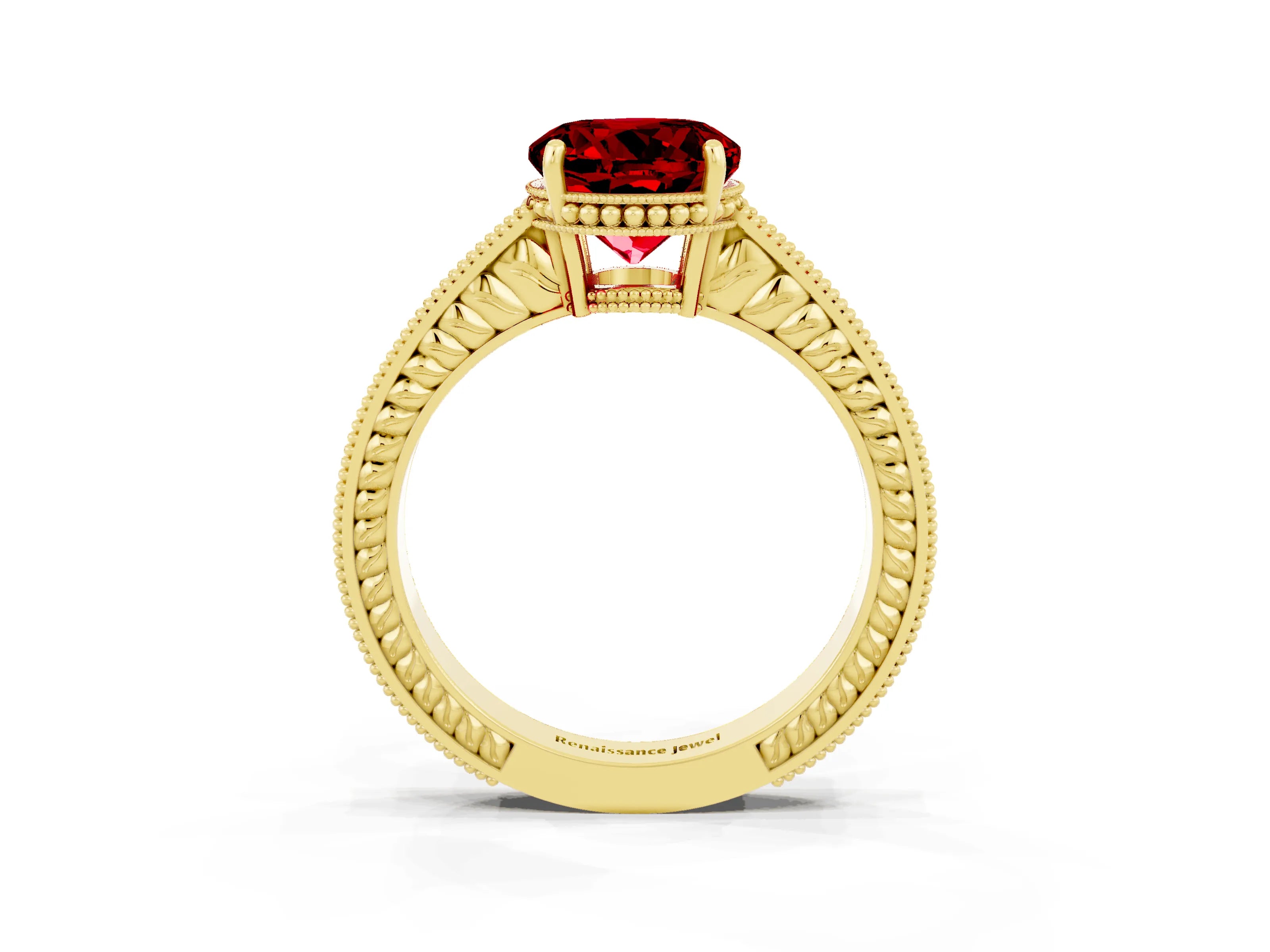 Yellow gold Round Cut Ruby Ring with Milgrain Pavé Band and Four-Prong Setting_15