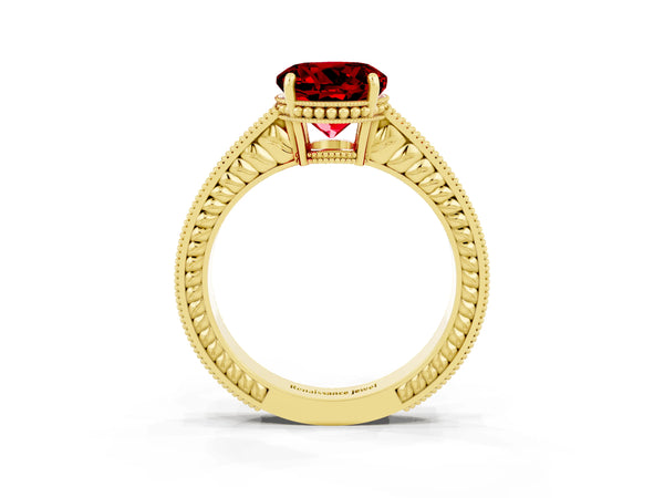 Yellow gold Round Cut Ruby Ring with Milgrain Pavé Band and Four-Prong Setting