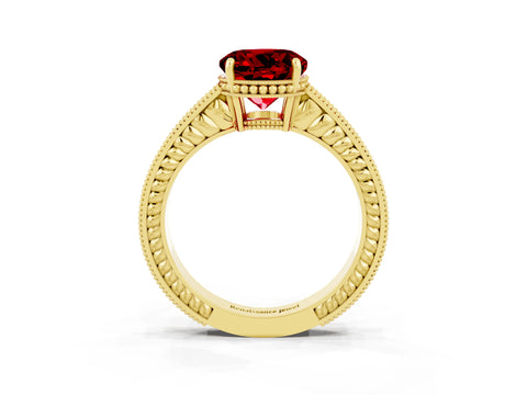 Yellow gold Round Cut Ruby Ring with Milgrain Pavé Band and Four-Prong Setting_15