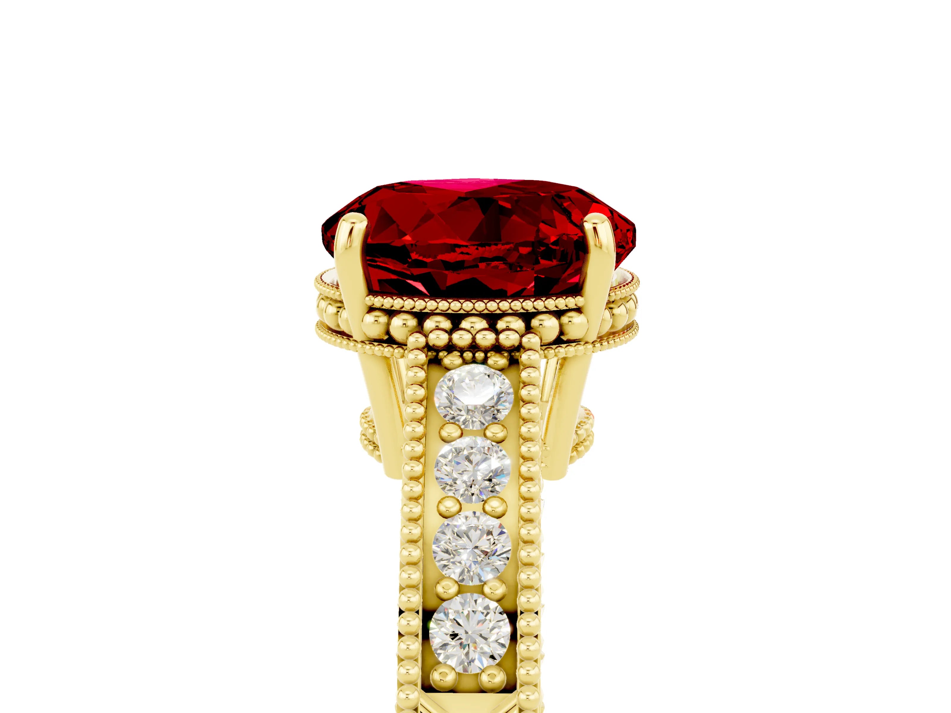 Yellow gold Round Cut Ruby Ring with Milgrain Pavé Band and Four-Prong Setting_17