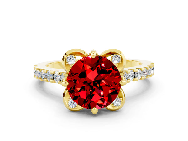 Yellow gold Round Cut Ruby Ring with Pavé Band and Floral Prong Setting