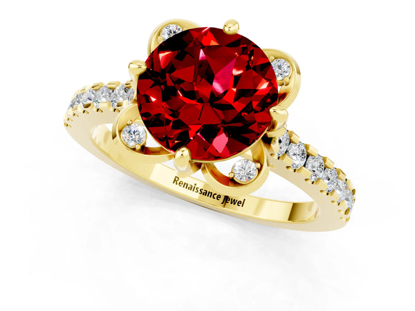 Yellow gold Round Cut Ruby Ring with Pavé Band and Floral Prong Setting