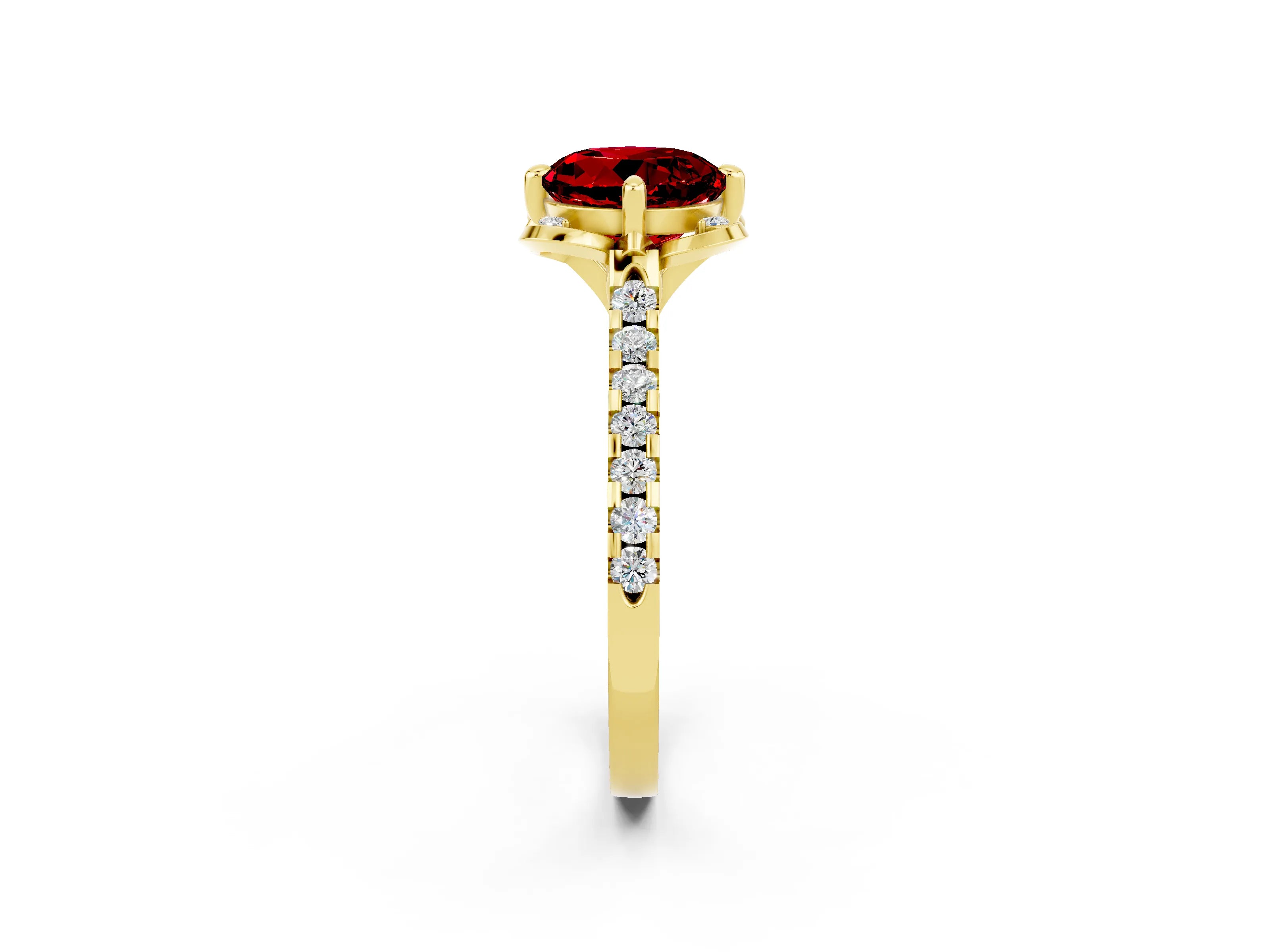 Yellow gold Round Cut Ruby Ring with Pavé Band and Floral Prong Setting_2