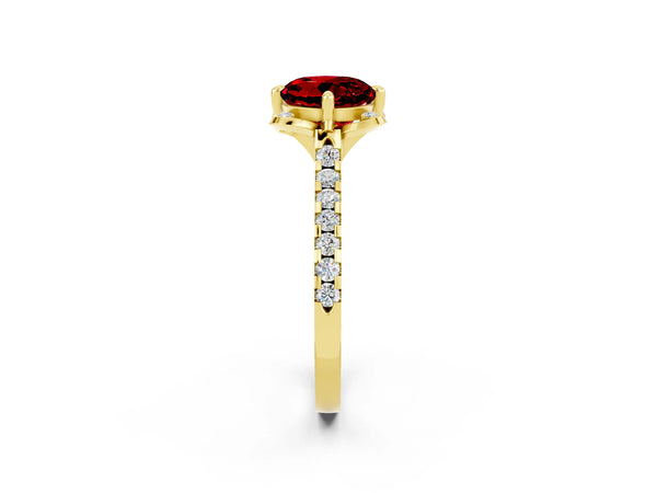 Yellow gold Round Cut Ruby Ring with Pavé Band and Floral Prong Setting