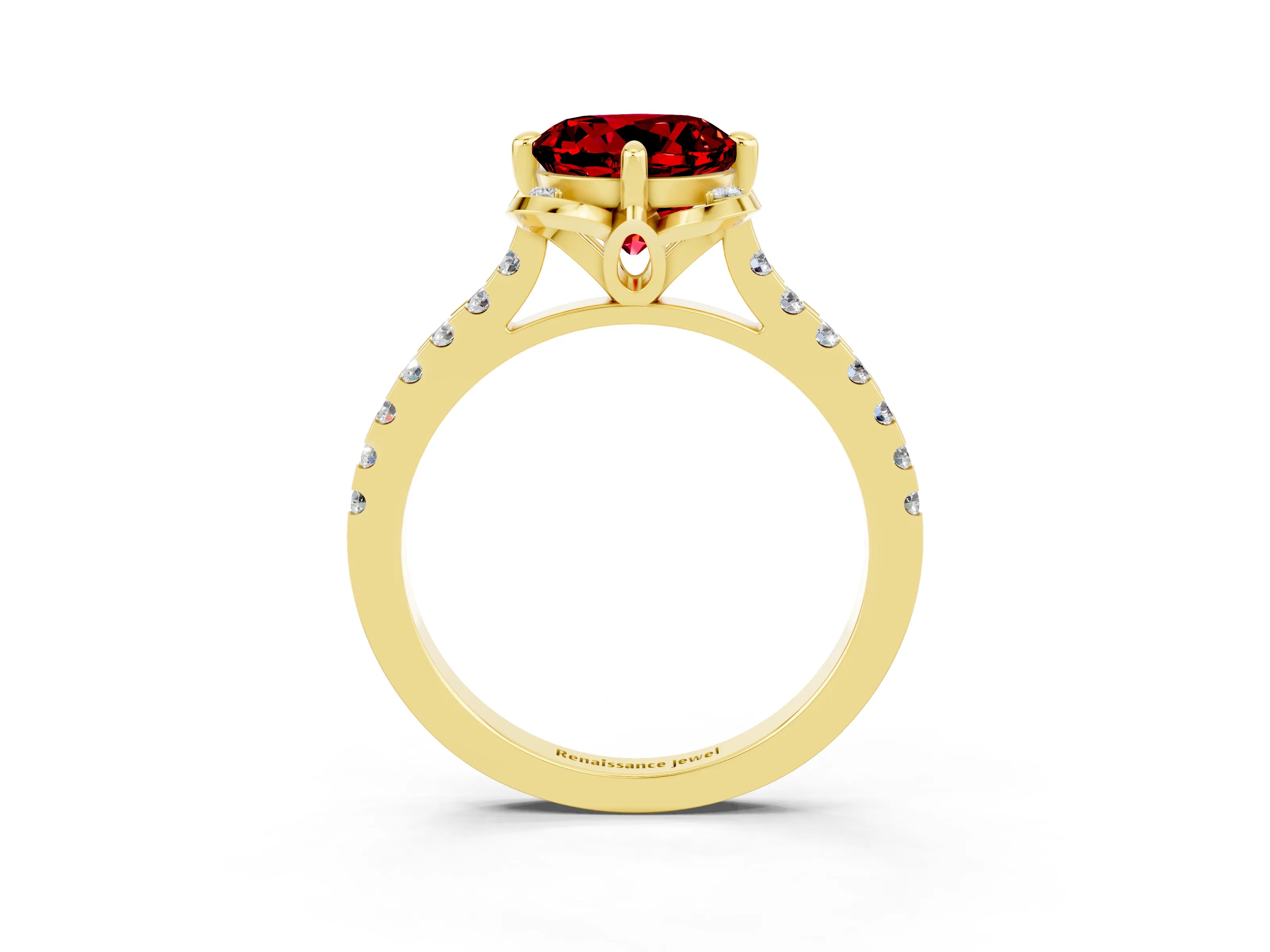 Yellow gold Round Cut Ruby Ring with Pavé Band and Floral Prong Setting_3