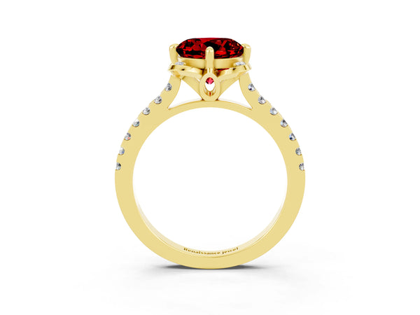 Yellow gold Round Cut Ruby Ring with Pavé Band and Floral Prong Setting