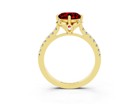 Yellow gold Round Cut Ruby Ring with Pavé Band and Floral Prong Setting_3