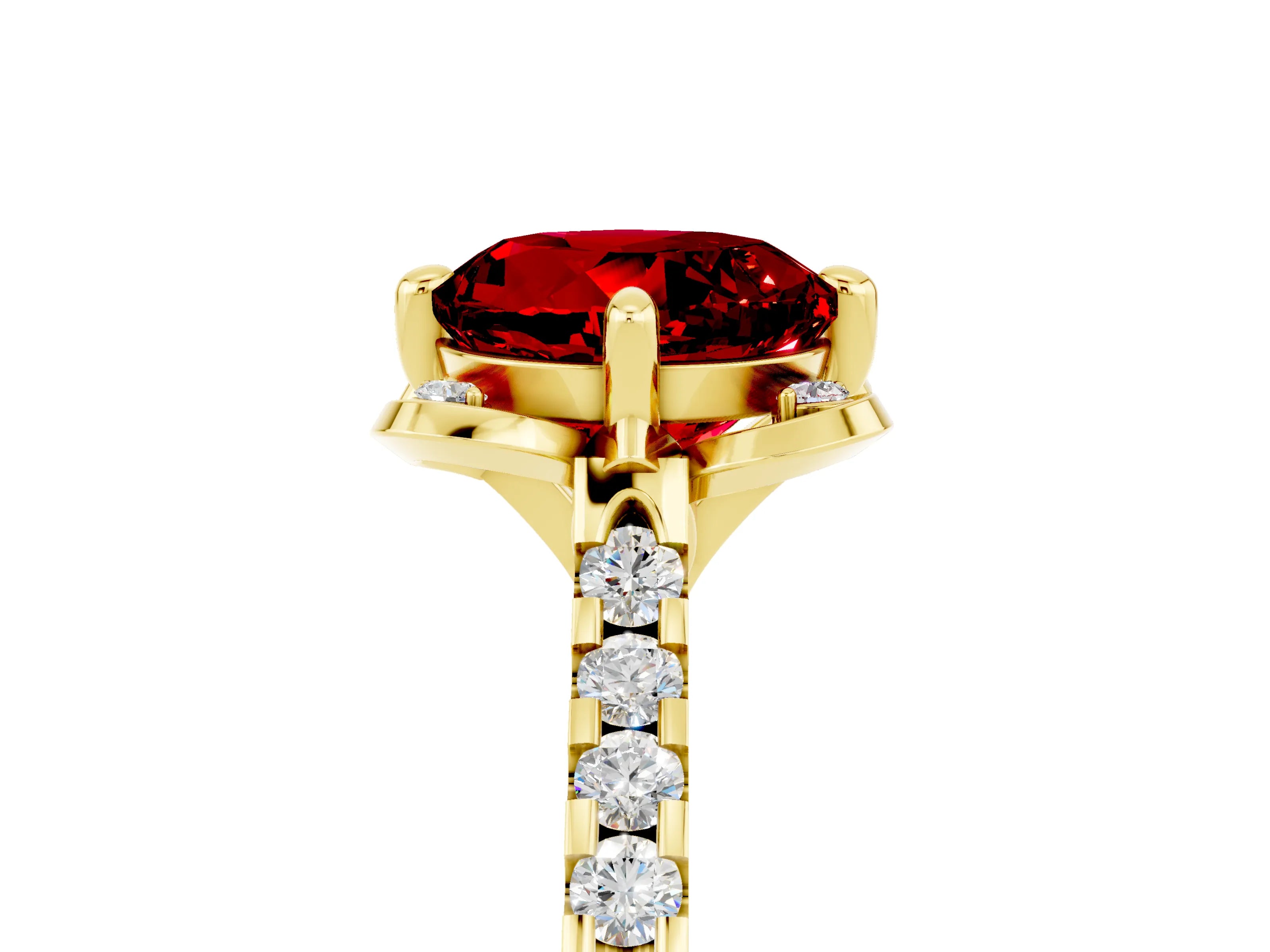 Yellow gold Round Cut Ruby Ring with Pavé Band and Floral Prong Setting_5
