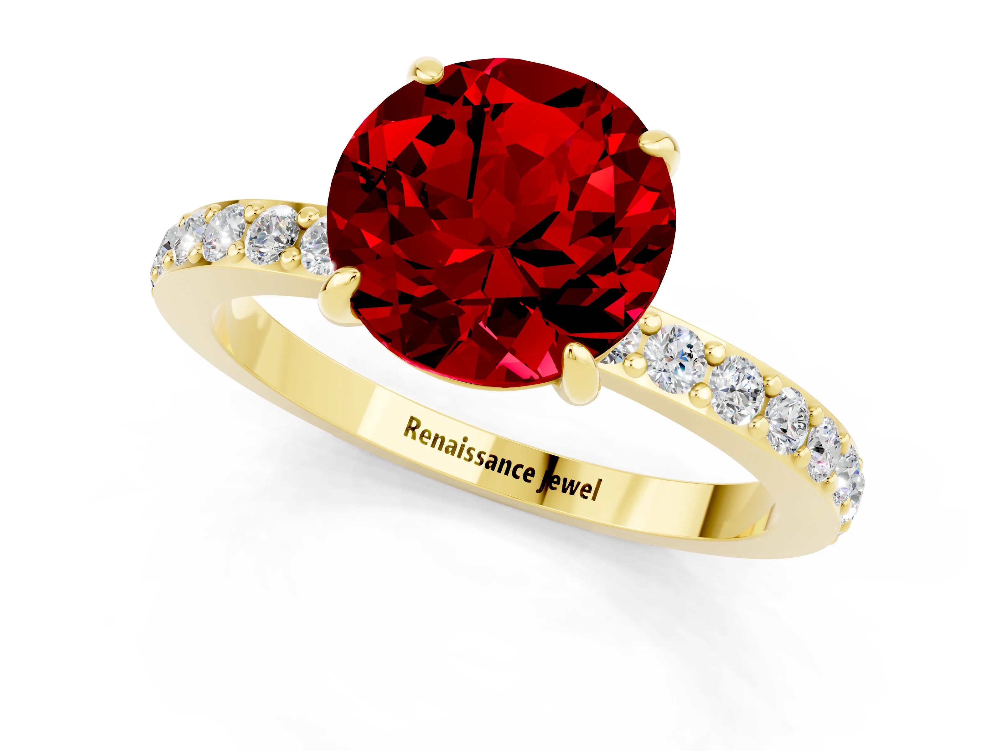 Yellow gold Round Cut Ruby Ring with Pavé Band and Four-Prong Setting_1