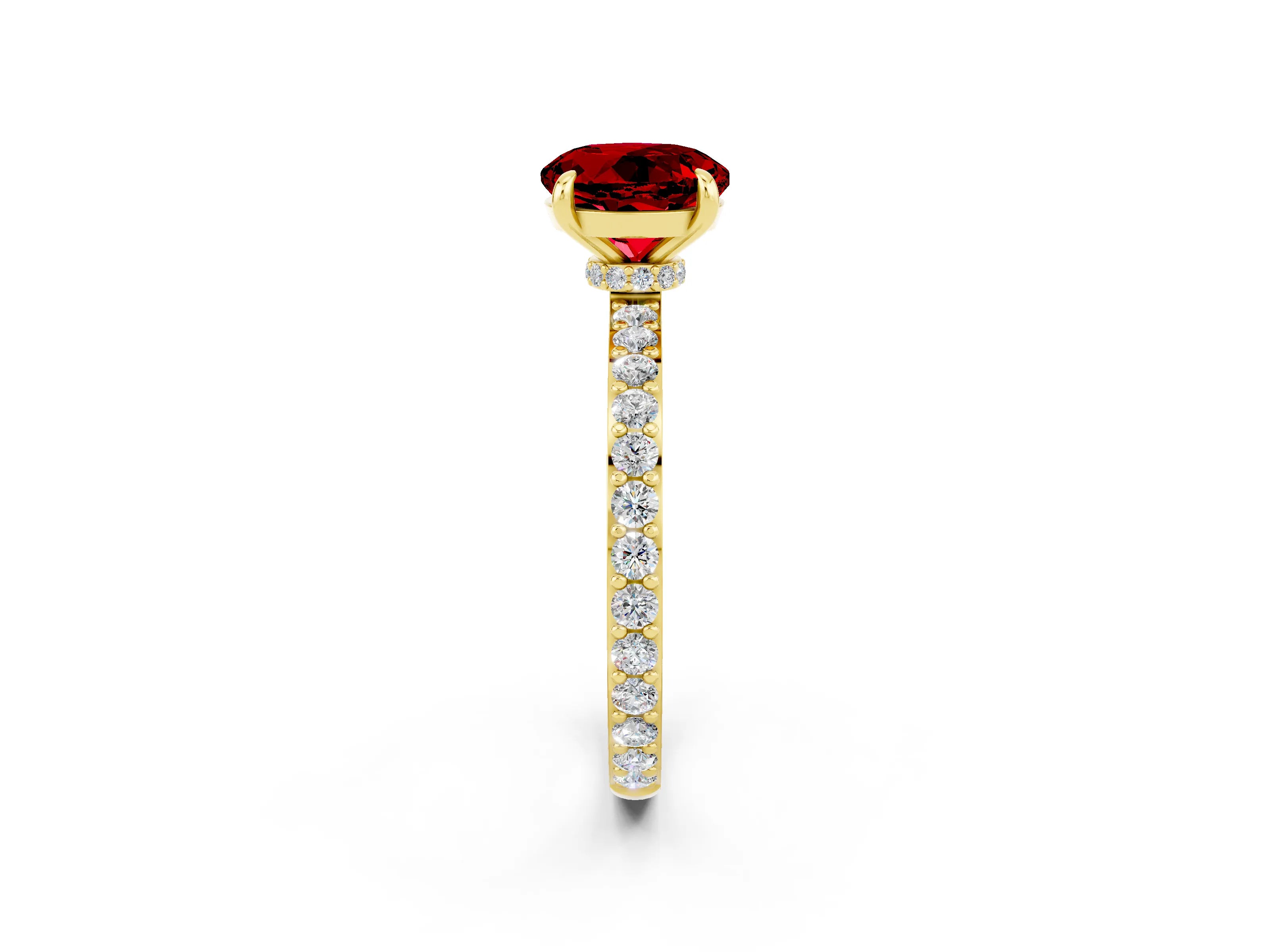 Yellow gold Round Cut Ruby Ring with Pavé Band and Four-Prong Setting_2