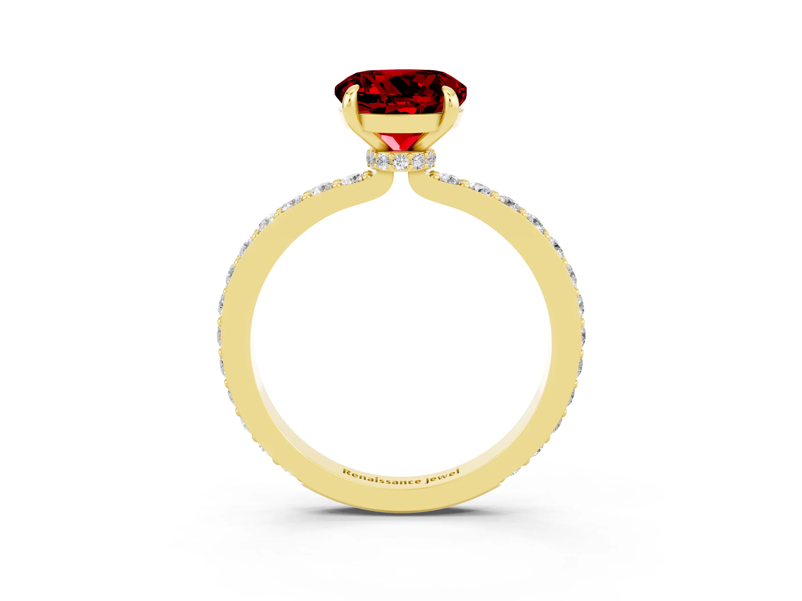 Yellow gold Round Cut Ruby Ring with Pavé Band and Four-Prong Setting_3